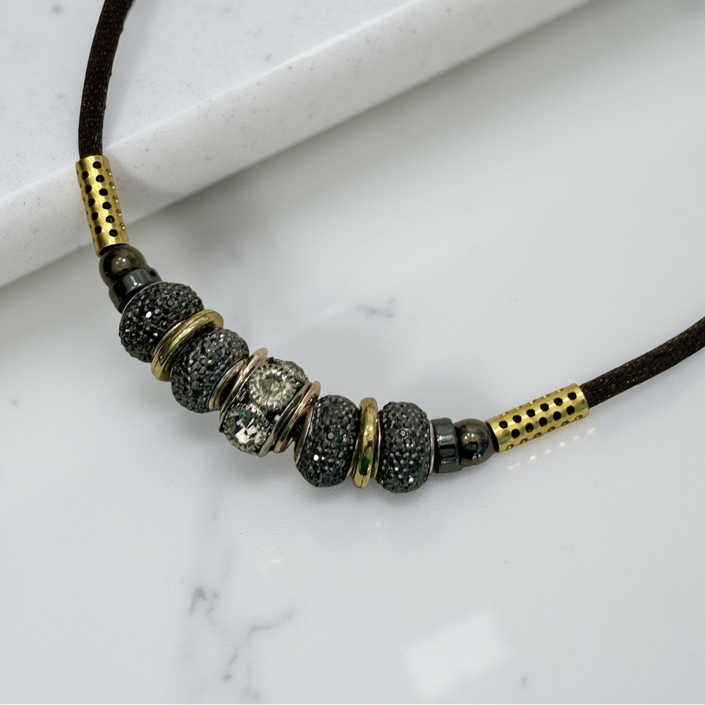 Elegant Gold and Silver Beaded Necklace w comfort clasp; approx 16”; satin cord
